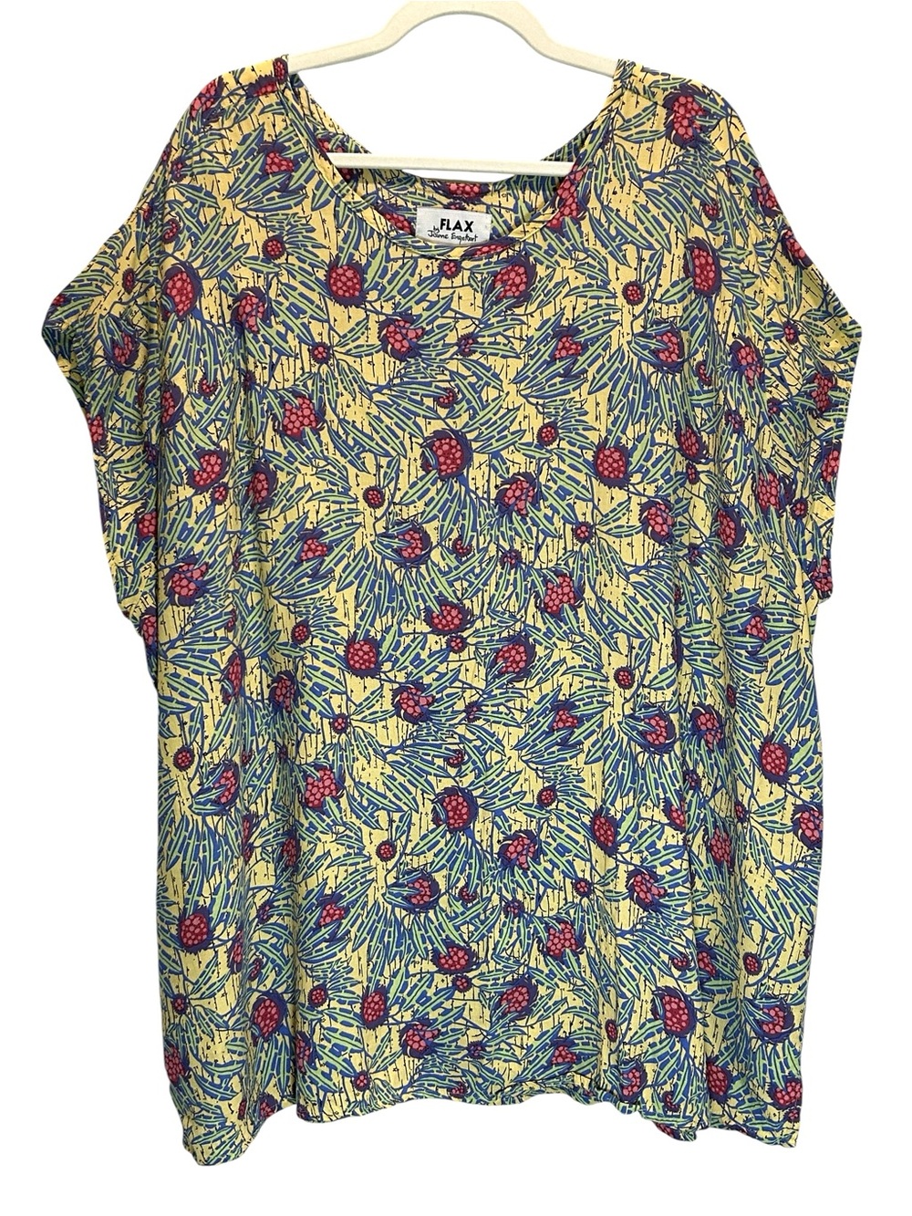 Flax Yellow Floral Oversized Pullover Flowy Tunic Top, Capped Sleeves - Size 3X
